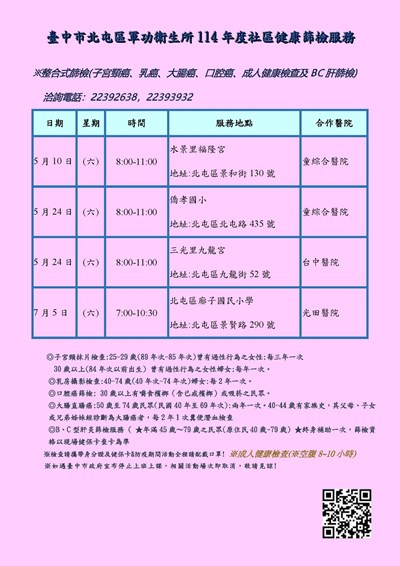 114年軍功衛生所整篩場次